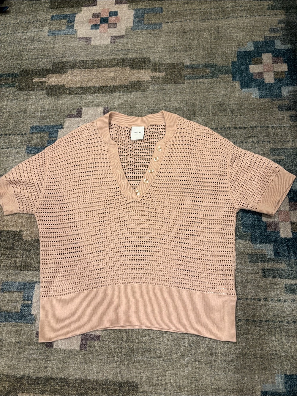 Varley Short-Sleeve Knit Sweater with V-Neck Button Detail